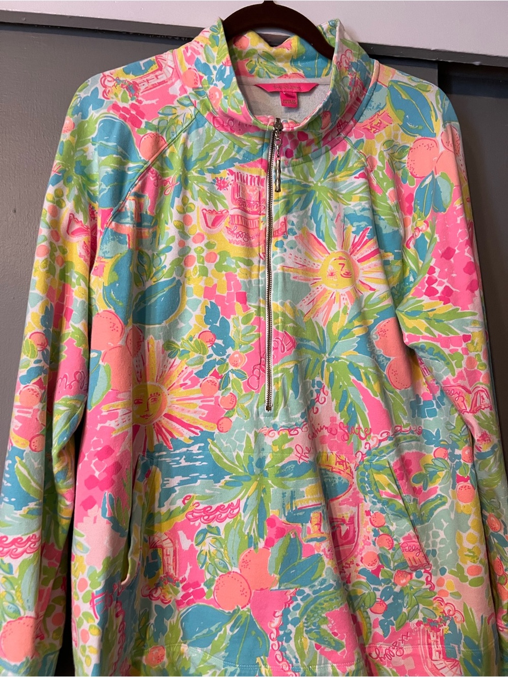 Lily Pulitzer Bright Floral Quarter-Zip Pullover Top - Pink & Teal - Picture 4 of 10